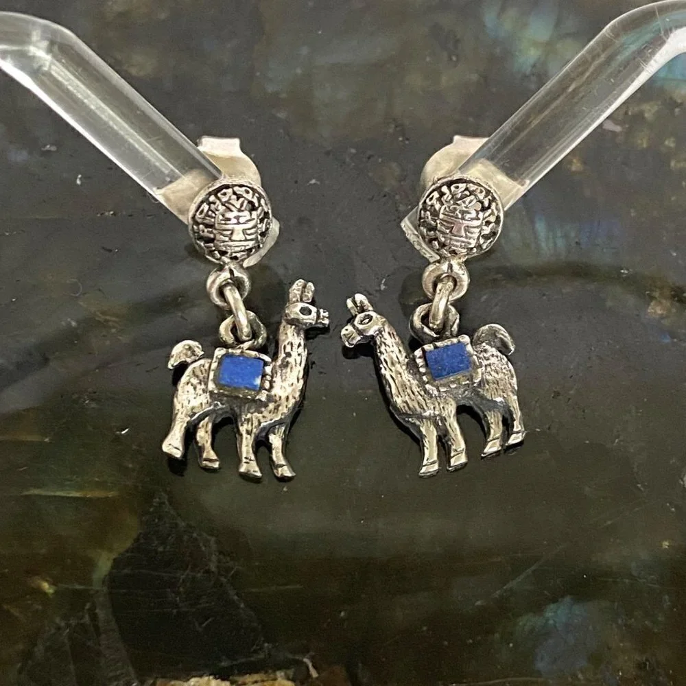 Sterling Silver 925 Southwest Style Llama Alpaca Lapis Dangle Drop Earrings